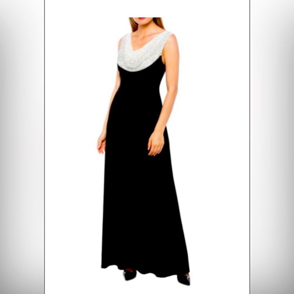 CACHET Black/White Cowl Neck Drape Column Gown